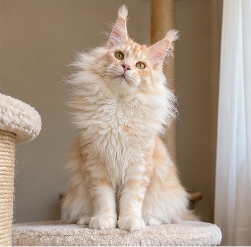 Cream long-haired Maine Coon breeding cat sitting on a cat tree platform, amber eyes looking up