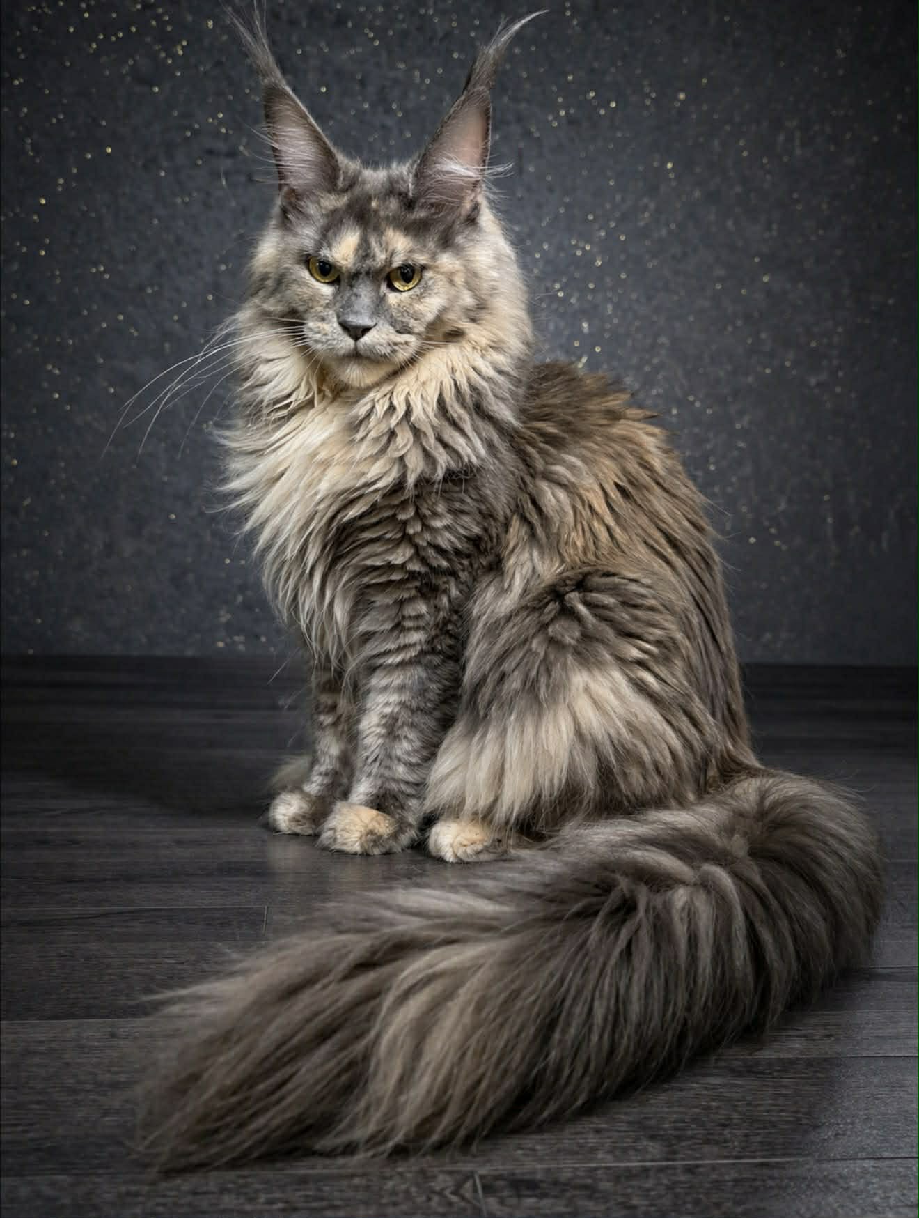 Tortoiseshell Maine Coon with plume tail